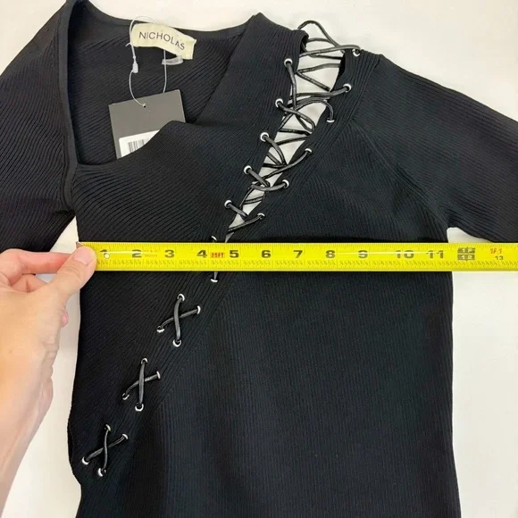 NICHOLAS Cosima Long Sleeve Ribbed Lace Up Top in Black Size S - Picture 10 of 11
